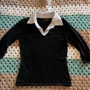 Jason Maxwell Black White Stripe Collar Short Top Blouse Womans sz Small